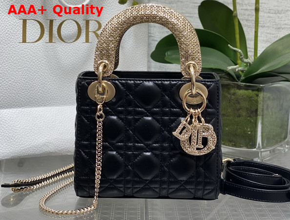 Dior Mini Lady Dior Bag in Black Cannage Lambskin Metal Handle and DIOR Charms with a Finely Carved Openwork Cannage Motif Replica