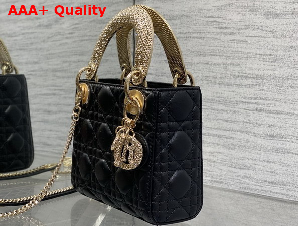 Dior Mini Lady Dior Bag in Black Cannage Lambskin Metal Handle and DIOR Charms with a Finely Carved Openwork Cannage Motif Replica