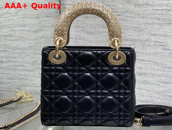 Dior Mini Lady Dior Bag in Black Cannage Lambskin Metal Handle and DIOR Charms with a Finely Carved Openwork Cannage Motif Replica
