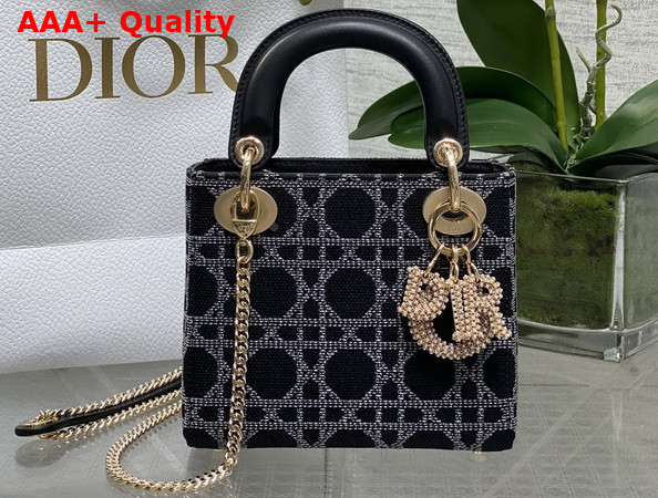 Dior Mini Lady Dior Bag in Black Canvas with White Cannage Motif Replica