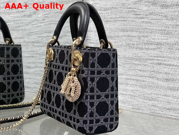 Dior Mini Lady Dior Bag in Black Canvas with White Cannage Motif Replica