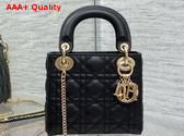 Dior Mini Lady Dior Bag in Black Grained Cannage Calfskin with Pale Gold Finish Metal Replica