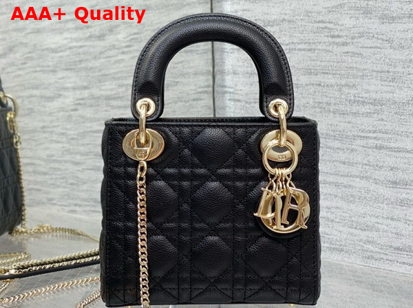 Dior Mini Lady Dior Bag in Black Grained Cannage Calfskin with Pale Gold Finish Metal Replica