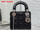 Dior Mini Lady Dior Bag in Black Grained Cannage Calfskin with Silver Finish Metal Replica
