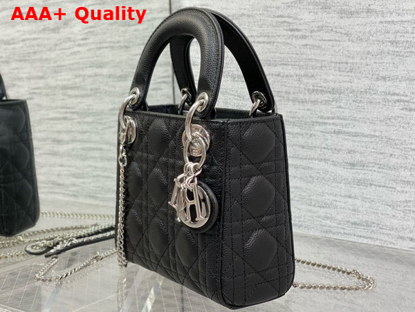 Dior Mini Lady Dior Bag in Black Grained Cannage Calfskin with Silver Finish Metal Replica
