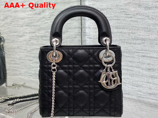 Dior Mini Lady Dior Bag in Black Grained Cannage Calfskin with Silver Finish Metal Replica