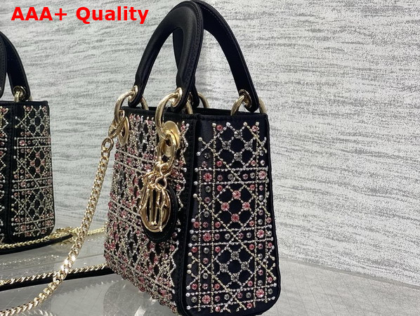 Dior Mini Lady Dior Bag in Black Satin Embroidered with All Over Crystals Replica