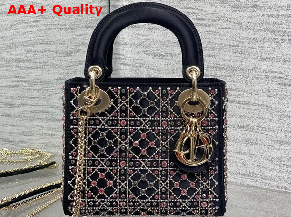 Dior Mini Lady Dior Bag in Black Satin Embroidered with All Over Crystals Replica