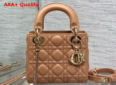 Dior Mini Lady Dior Bag in Dark Beige Cannage Lambskin with Pale Gold Finish Metal Replica