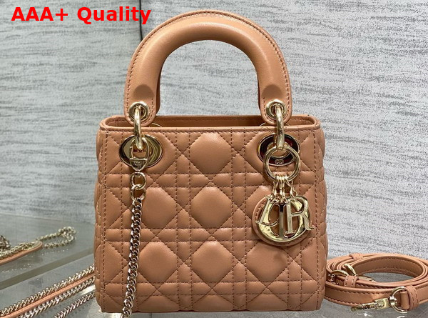 Dior Mini Lady Dior Bag in Dark Beige Cannage Lambskin with Pale Gold Finish Metal Replica