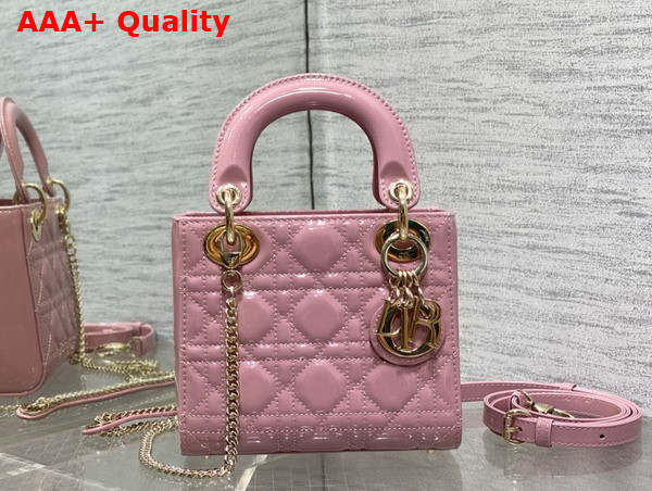 Dior Mini Lady Dior Bag in Hydrangea Pink Patent Cannage Calfskin with Pale Gold Finish Metal Replica