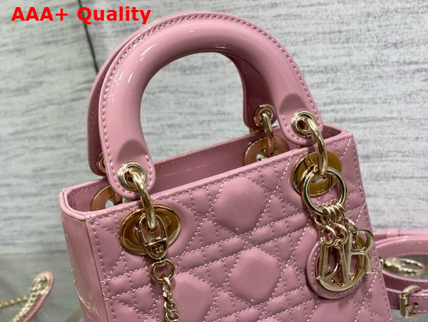 Dior Mini Lady Dior Bag in Hydrangea Pink Patent Cannage Calfskin with Pale Gold Finish Metal Replica