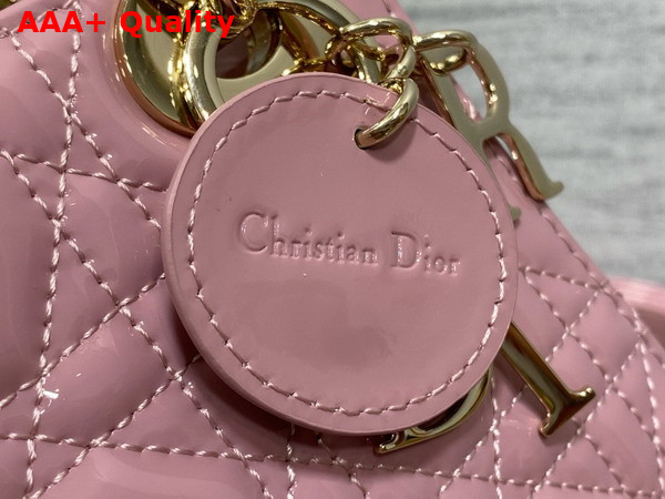 Dior Mini Lady Dior Bag in Hydrangea Pink Patent Cannage Calfskin with Pale Gold Finish Metal Replica