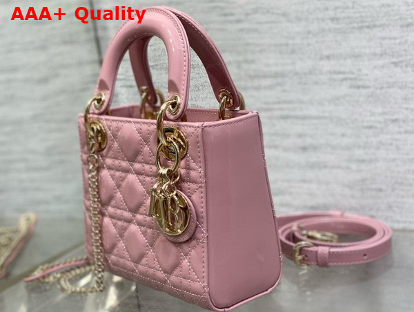 Dior Mini Lady Dior Bag in Hydrangea Pink Patent Cannage Calfskin with Pale Gold Finish Metal Replica