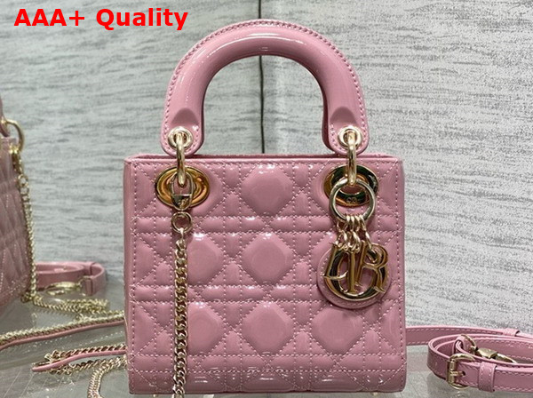 Dior Mini Lady Dior Bag in Hydrangea Pink Patent Cannage Calfskin with Pale Gold Finish Metal Replica