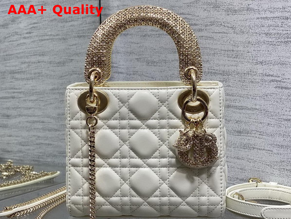 Dior Mini Lady Dior Bag in Latte Cannage Lambskin Metal Handle and DIOR Charms with a Finely Carved Openwork Cannage Motif Replica