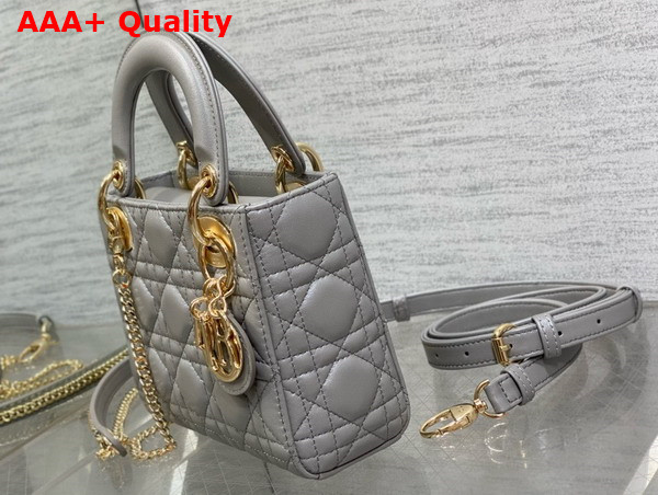 Dior Mini Lady Dior Bag in Pearl Gray Cannage Lambskin with Pale Gold Finish Metal Replica