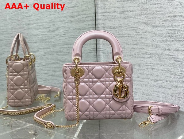 Dior Mini Lady Dior Bag in Pearl Pink Cannage Lambskin with Pale Gold Finish Metal Replica