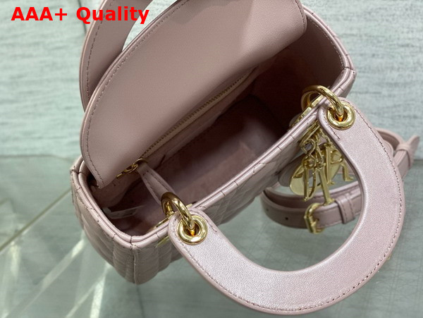 Dior Mini Lady Dior Bag in Pearl Pink Cannage Lambskin with Pale Gold Finish Metal Replica
