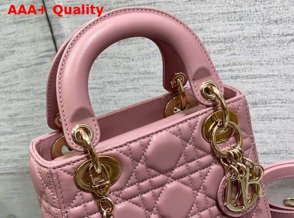 Dior Mini Lady Dior Bag in Pink Cannage Lambskin with Pale Gold Finish Metal Replica
