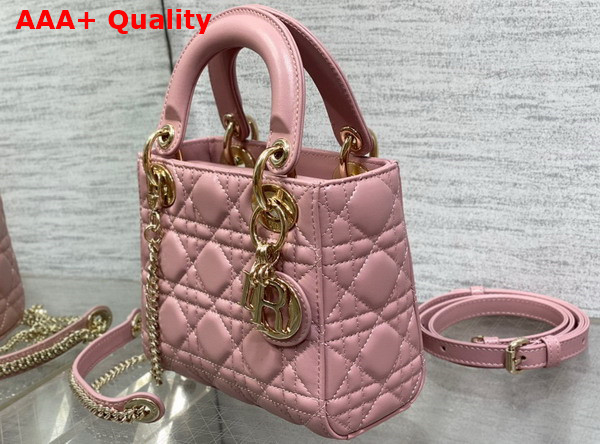 Dior Mini Lady Dior Bag in Pink Cannage Lambskin with Pale Gold Finish Metal Replica