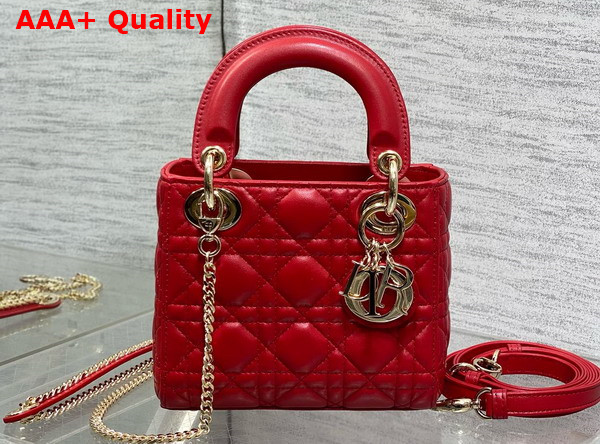 Dior Mini Lady Dior Bag in Red Cannage Lambskin with Pale Gold Finish Metal Replica