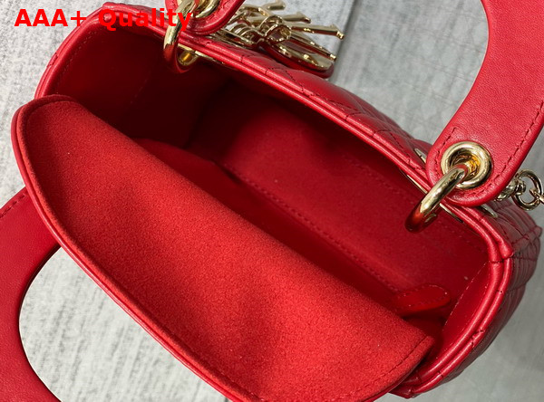 Dior Mini Lady Dior Bag in Red Cannage Lambskin with Pale Gold Finish Metal Replica