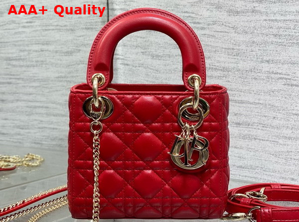 Dior Mini Lady Dior Bag in Red Cannage Lambskin with Pale Gold Finish Metal Replica