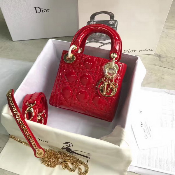 Dior Mini Lady Dior Bag in Red Patent Leather with Gold Hardware For Sale