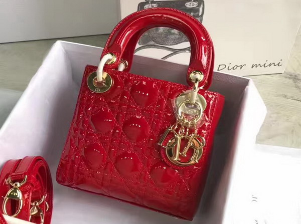 Dior Mini Lady Dior Bag in Red Patent Leather with Gold Hardware For Sale