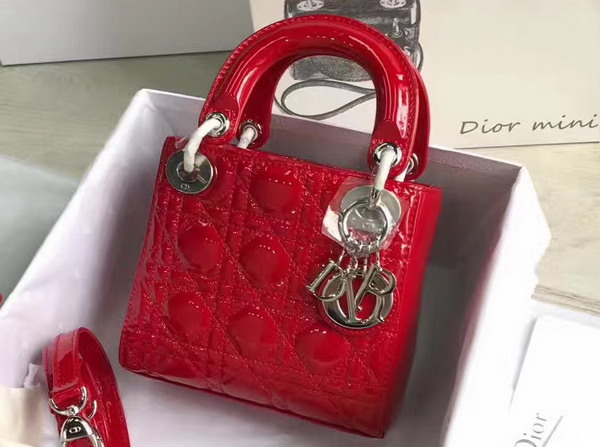 Dior Mini Lady Dior Bag in Red Patent Leather with Silver Hardware For Sale