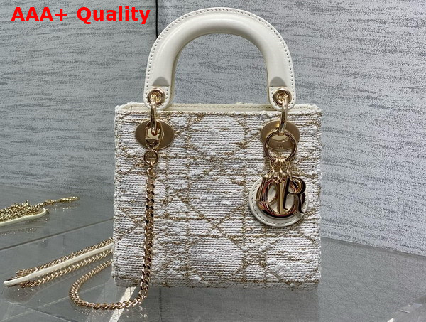 Dior Mini Lady Dior Bag in White Tweed With Cannage Motif in Gold Tone Metallic Thread Replica