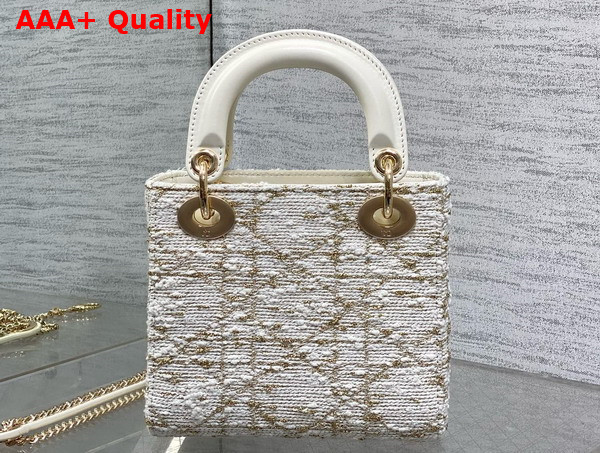 Dior Mini Lady Dior Bag in White Tweed With Cannage Motif in Gold Tone Metallic Thread Replica