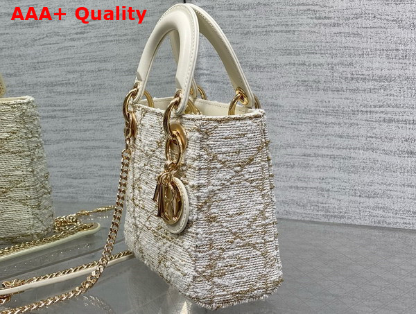 Dior Mini Lady Dior Bag in White Tweed With Cannage Motif in Gold Tone Metallic Thread Replica