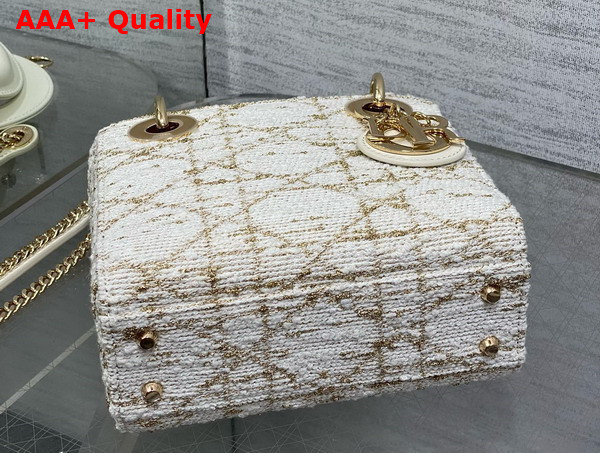 Dior Mini Lady Dior Bag in White Tweed With Cannage Motif in Gold Tone Metallic Thread Replica