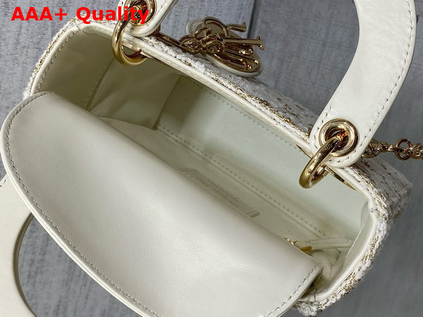 Dior Mini Lady Dior Bag in White Tweed With Cannage Motif in Gold Tone Metallic Thread Replica