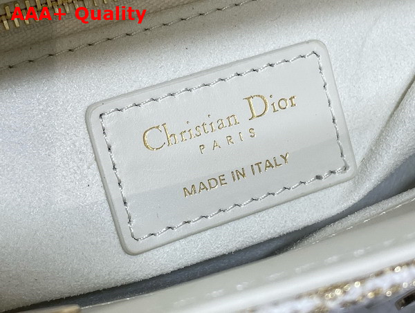Dior Mini Lady Dior Bag in White Tweed With Cannage Motif in Gold Tone Metallic Thread Replica