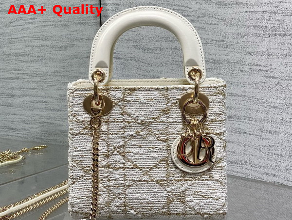 Dior Mini Lady Dior Bag in White Tweed With Cannage Motif in Gold Tone Metallic Thread Replica