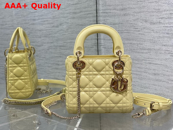 Dior Mini Lady Dior Bag in Yellow Cannage Lambskin with Pale Gold Finish Metal Replica