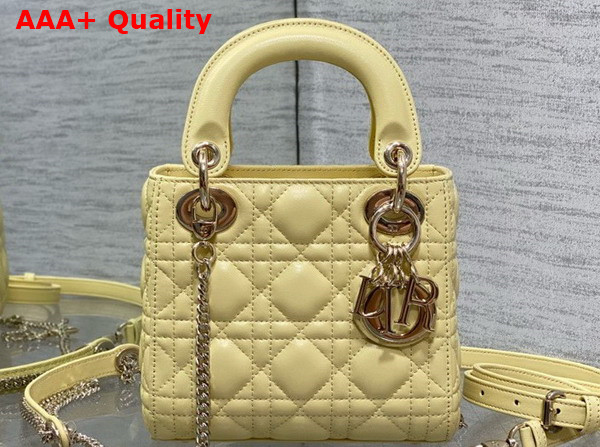 Dior Mini Lady Dior Bag in Yellow Cannage Lambskin with Pale Gold Finish Metal Replica