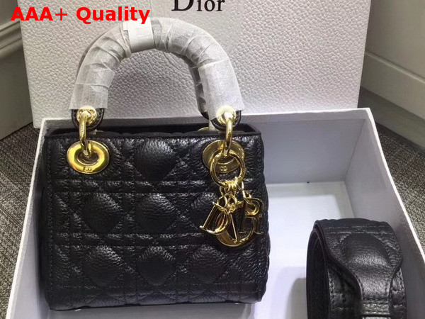 Dior Mini Lady Dior Bag with Leather Shoulder Strap Black Grained Calfskin Replica
