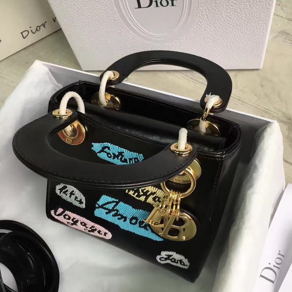 Dior Mini Lady Dior in Black Calfskin with Embroidering Gold Hardware For Sale