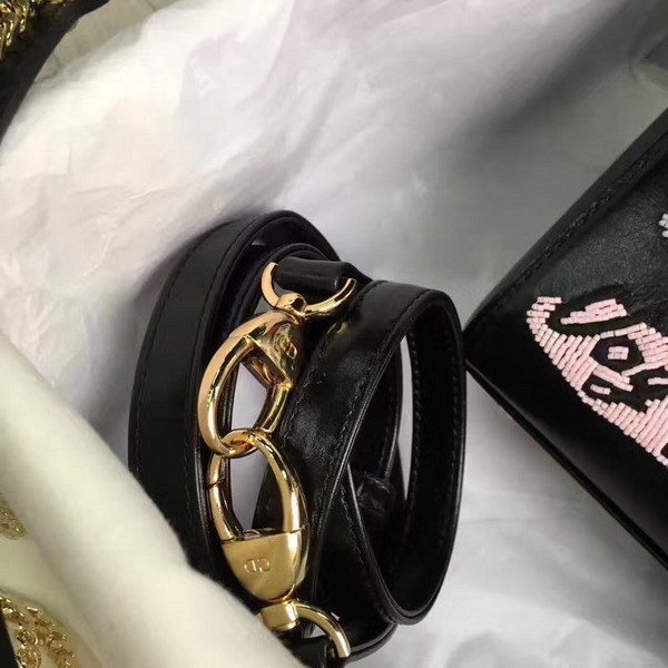 Dior Mini Lady Dior in Black Calfskin with Embroidering Gold Hardware For Sale