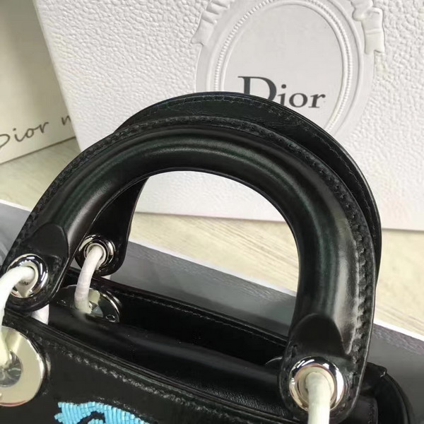 Dior Mini Lady Dior in Black Calfskin with Embroidering Silver Harddware For Sale
