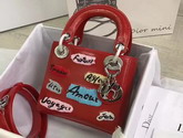 Dior Mini Lady Dior in Red Calfskin with Embroidering Silver Hardware For Sale