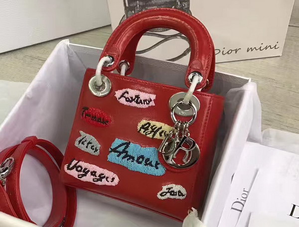 Dior Mini Lady Dior in Red Calfskin with Embroidering Silver Hardware For Sale