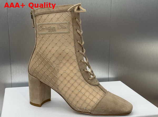 Dior Naughtily D Heeled Ankle Boot Transparent Mesh Embroidered with Silver Tone Strass and Sand Colored Suede Goatskin Replica