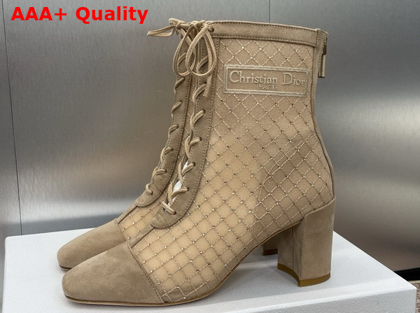 Dior Naughtily D Heeled Ankle Boot Transparent Mesh Embroidered with Silver Tone Strass and Sand Colored Suede Goatskin Replica
