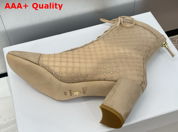 Dior Naughtily D Heeled Ankle Boot Transparent Mesh Embroidered with Silver Tone Strass and Sand Colored Suede Goatskin Replica