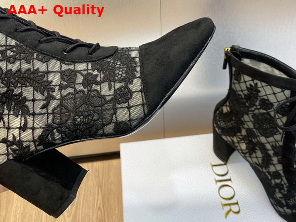 Dior Naughtily D Heeled Ankle Boot Transparent Mesh and Black Suede Calfskin Embroidered with Dior Roses Motif Replica